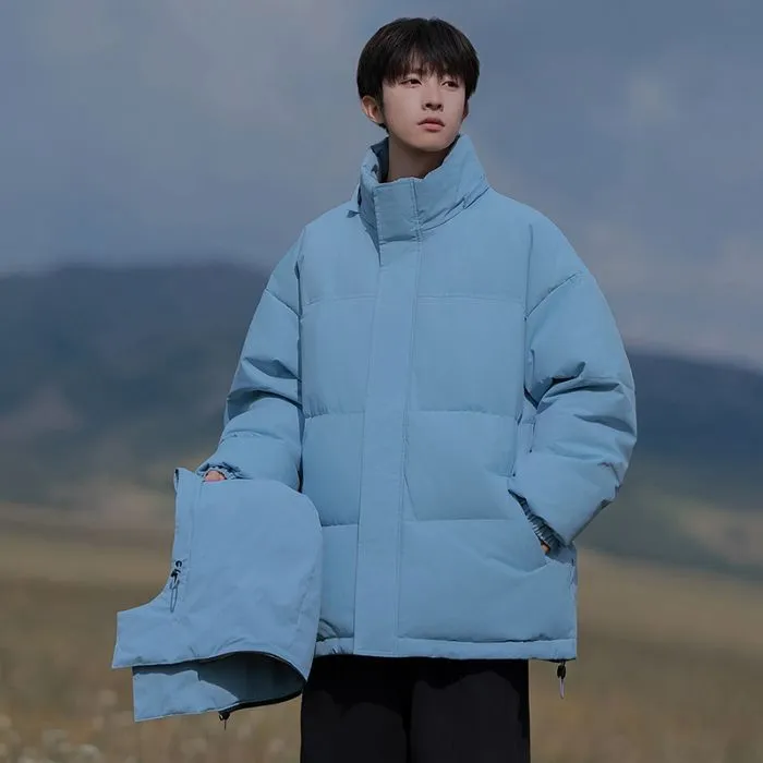 Hooded and Thickened Puffer Jacket for Men with Zip-up Closure