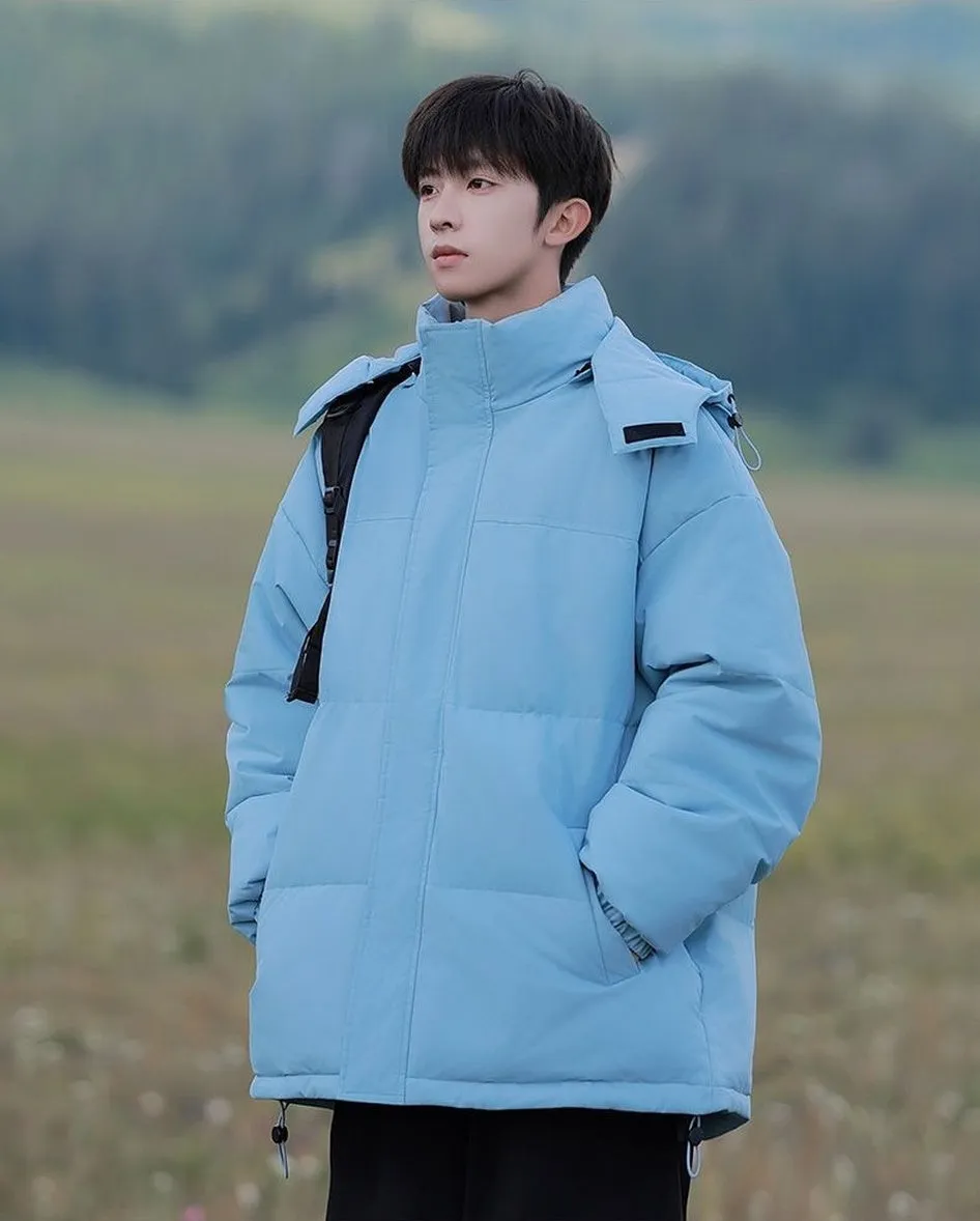 Hooded and Thickened Puffer Jacket for Men with Zip-up Closure