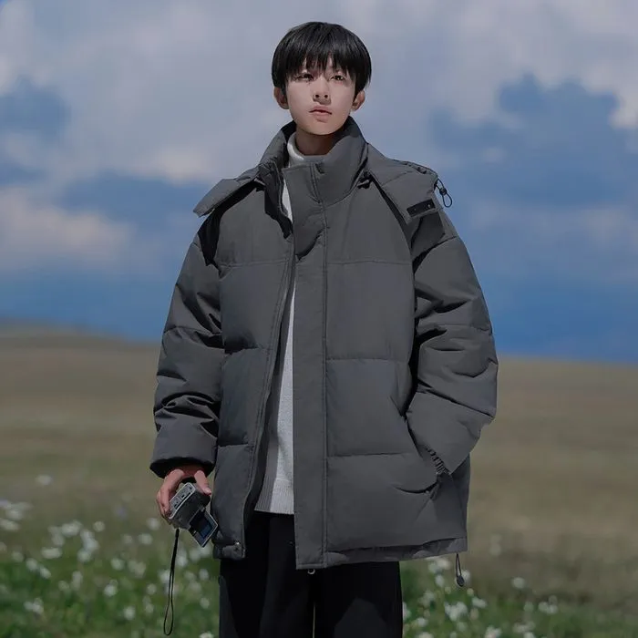 Hooded and Thickened Puffer Jacket for Men with Zip-up Closure