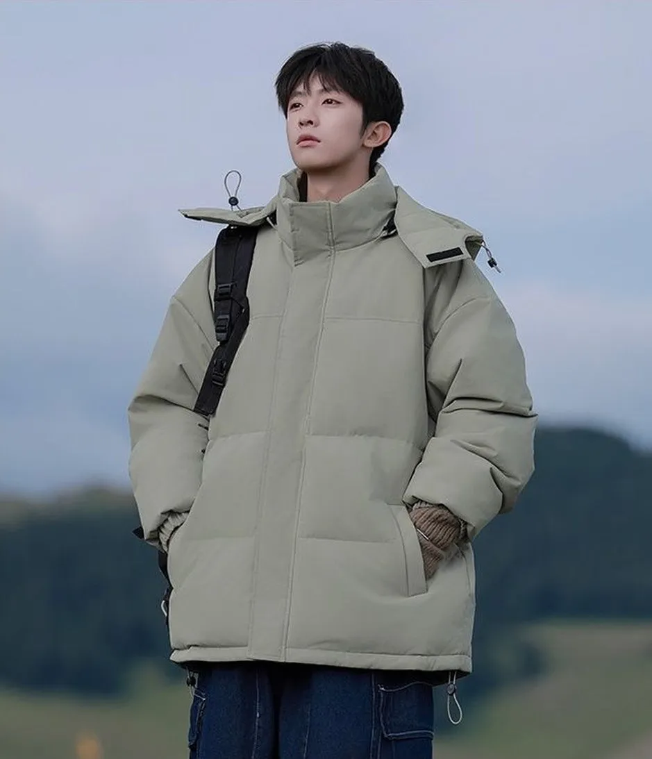 Hooded and Thickened Puffer Jacket for Men with Zip-up Closure