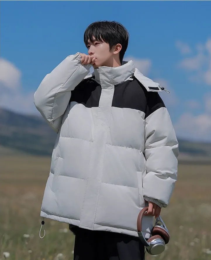 Hooded and Thickened Puffer Jacket for Men with Zip-up Closure