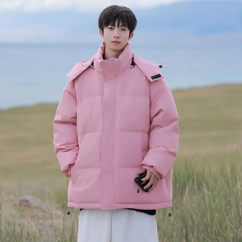 Hooded and Thickened Puffer Jacket for Men with Zip-up Closure
