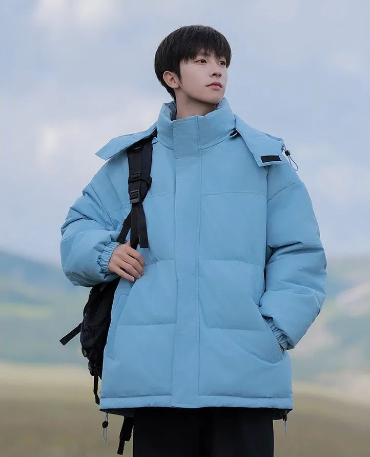Hooded and Thickened Puffer Jacket for Men with Zip-up Closure