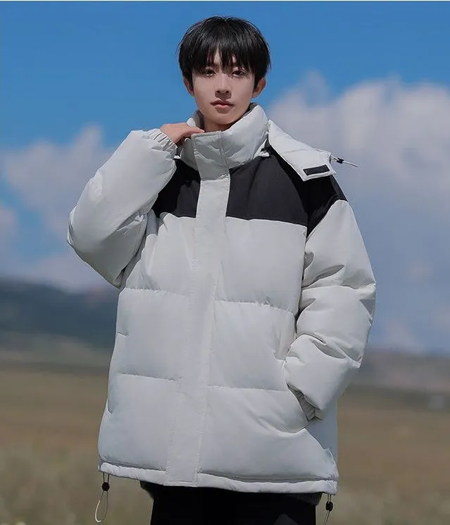 Hooded and Thickened Puffer Jacket for Men with Zip-up Closure