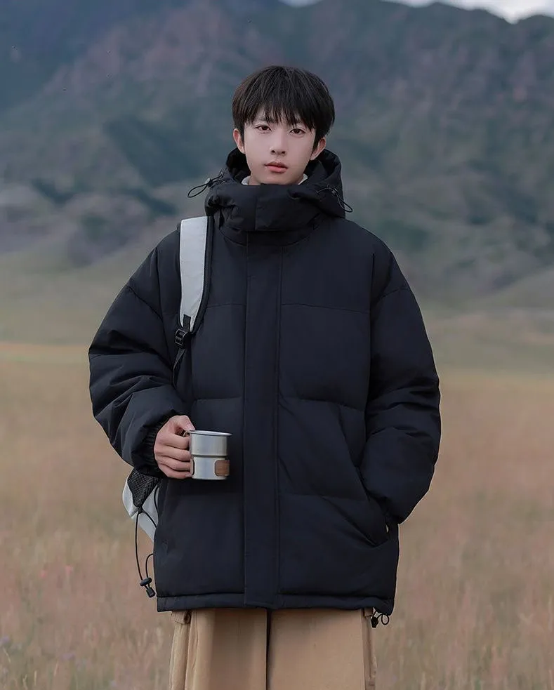 Hooded and Thickened Puffer Jacket for Men with Zip-up Closure