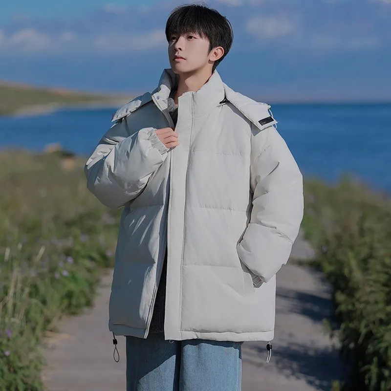 Hooded and Thickened Puffer Jacket for Men with Zip-up Closure