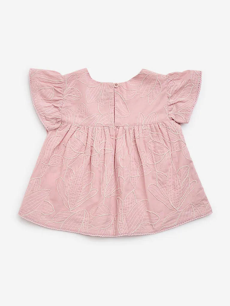 HOP Kids Dusty Pink Foliage Embroidered Cotton Peplum Top