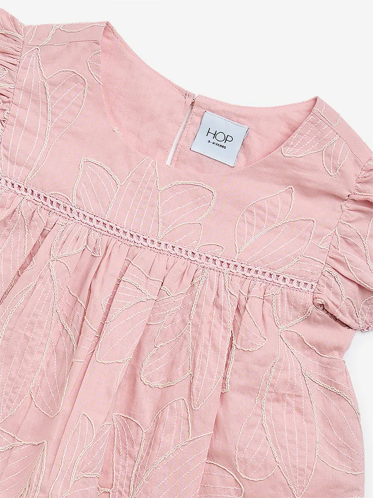 HOP Kids Dusty Pink Foliage Embroidered Cotton Peplum Top