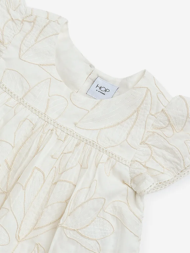 HOP Kids Off-White Foliage Embroidered Cotton Peplum Top