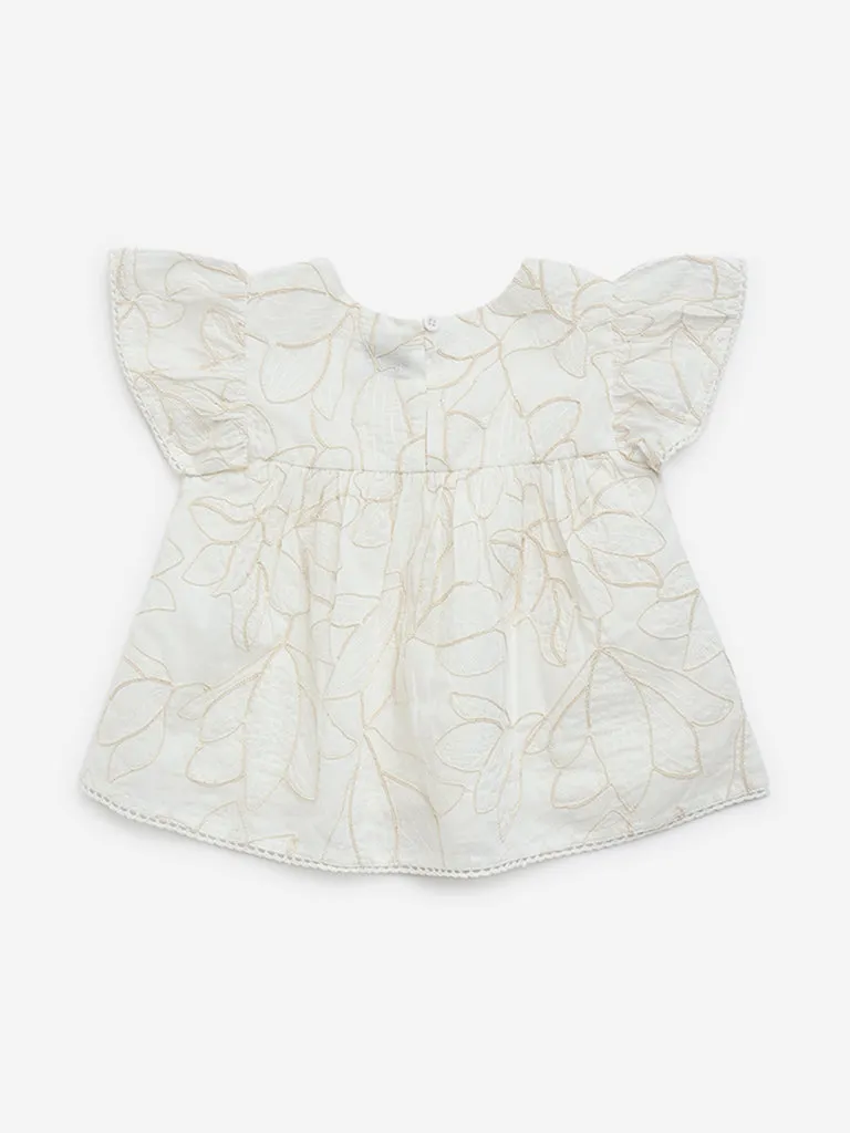 HOP Kids Off-White Foliage Embroidered Cotton Peplum Top
