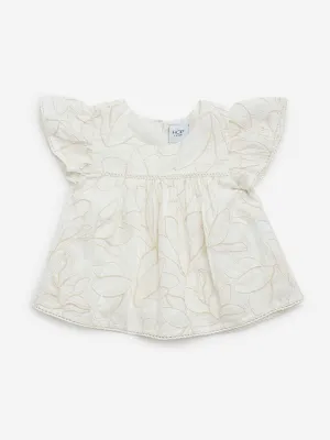 HOP Kids Off-White Foliage Embroidered Cotton Peplum Top