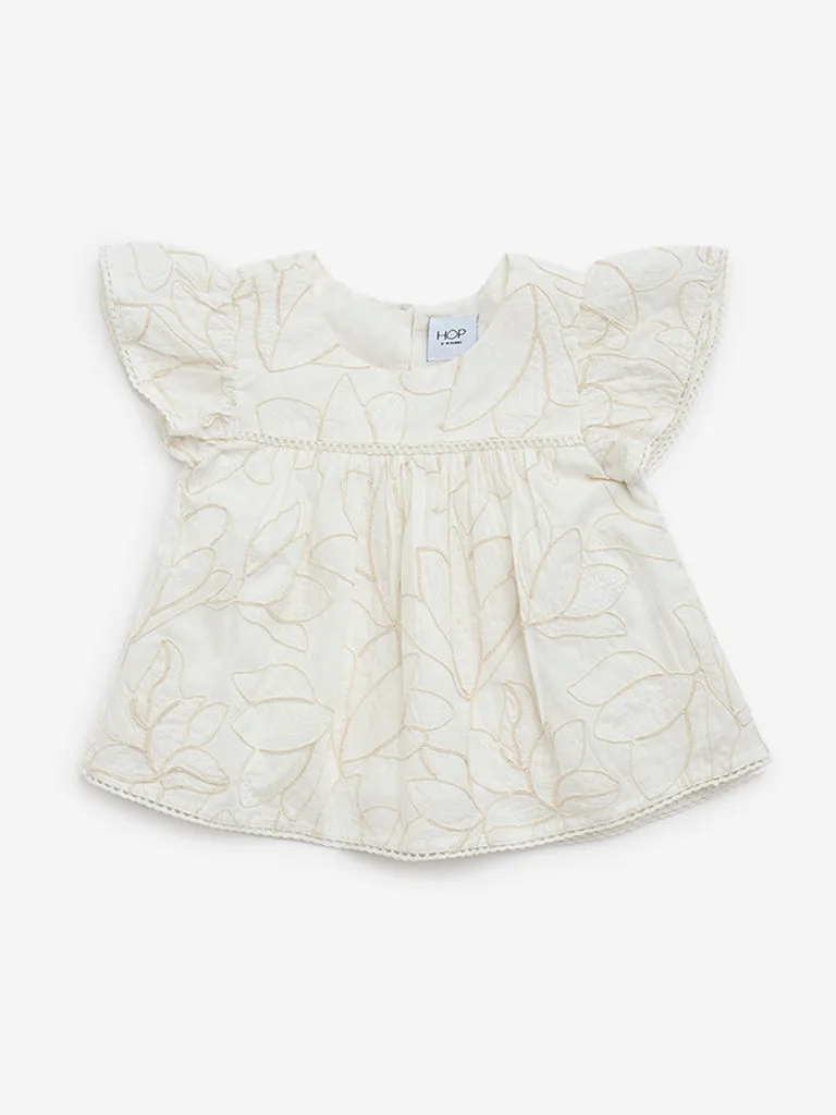 HOP Kids Off-White Foliage Embroidered Cotton Peplum Top