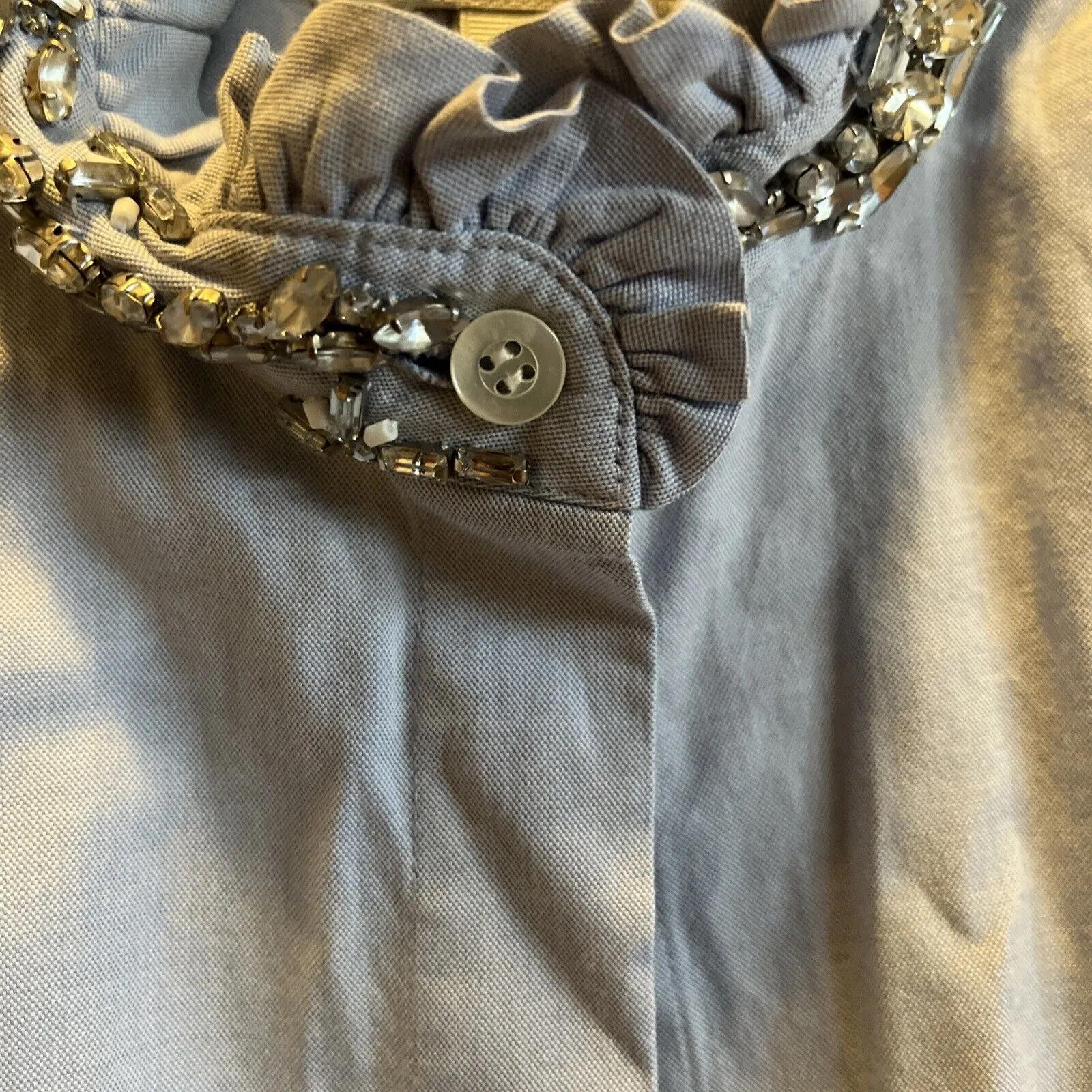 J Crew Women's Embellished Rhinestone Ruffle Blue Button-Down Sleeveless Blouse - Size 4