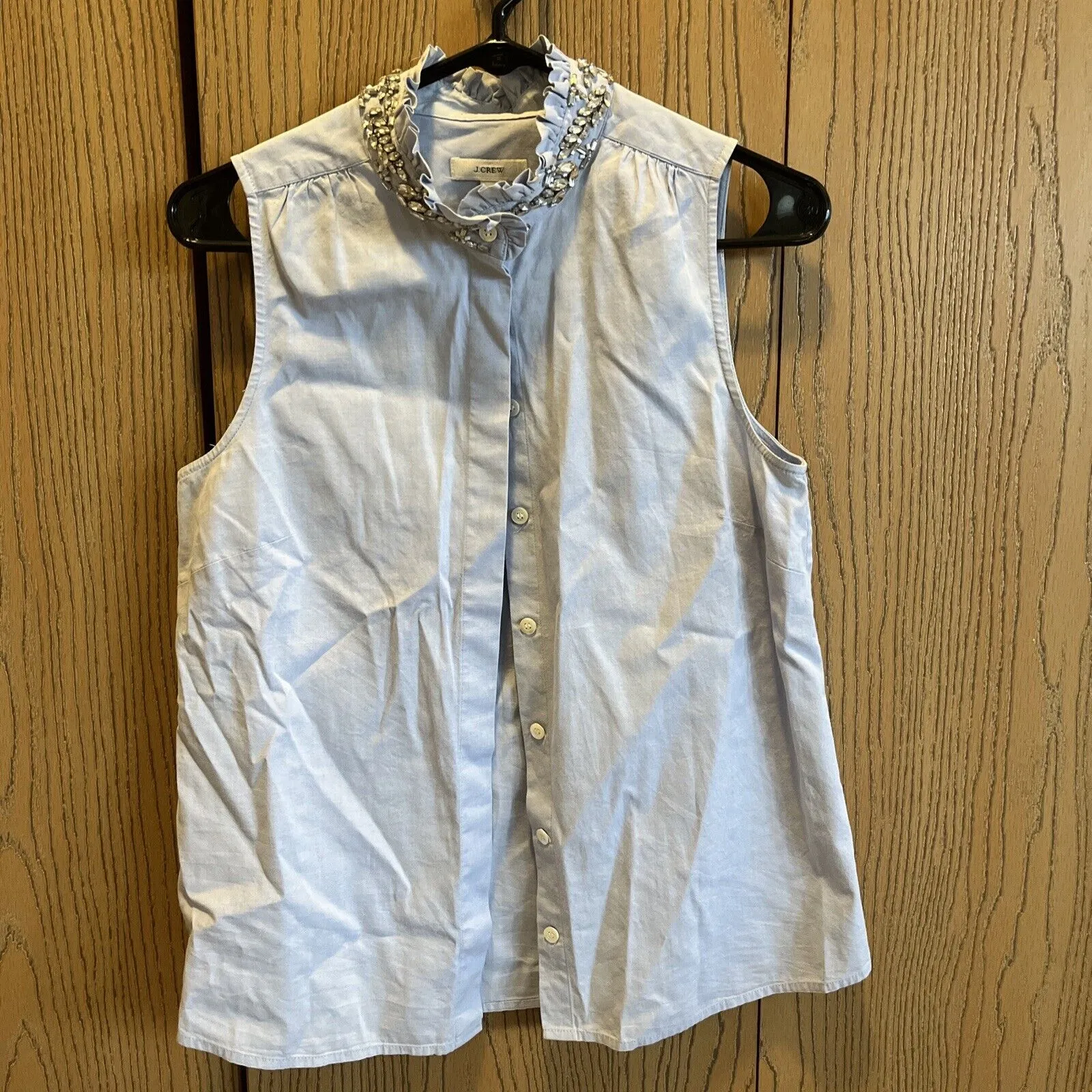 J Crew Women's Embellished Rhinestone Ruffle Blue Button-Down Sleeveless Blouse - Size 4