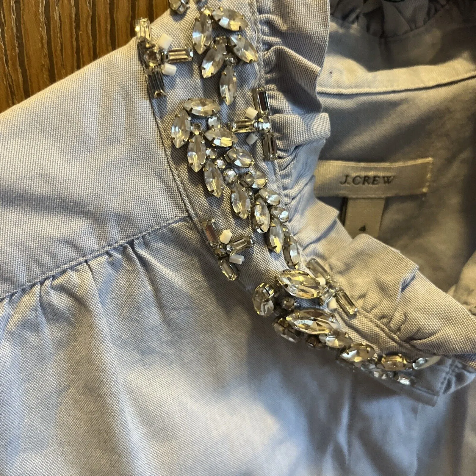 J Crew Women's Embellished Rhinestone Ruffle Blue Button-Down Sleeveless Blouse - Size 4