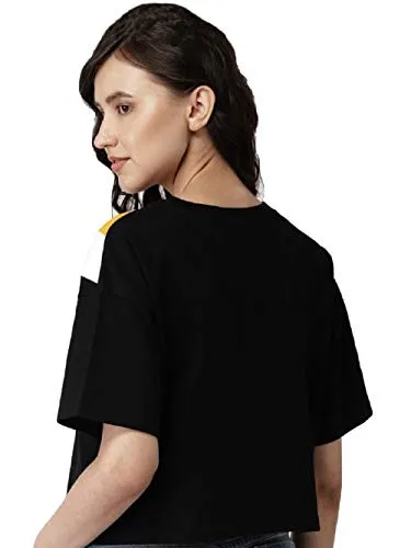 JUNEBERRY Women's Cotton Half Sleeve Crop T-Shirt(JB_TSH_117_BLKYLWWHT_L_Black_Large)