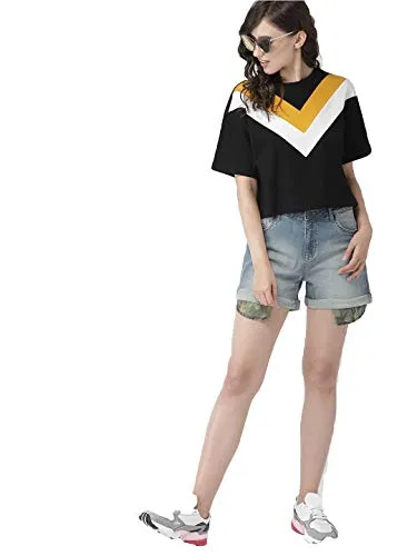 JUNEBERRY Women's Cotton Half Sleeve Crop T-Shirt(JB_TSH_117_BLKYLWWHT_L_Black_Large)