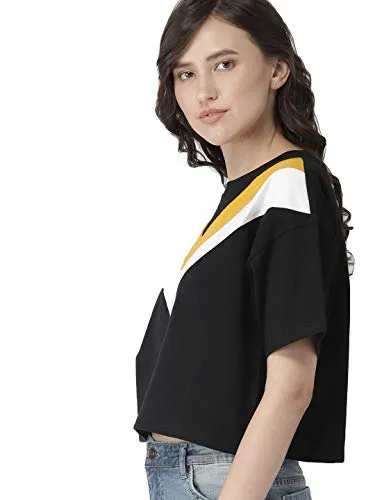 JUNEBERRY Women's Cotton Half Sleeve Crop T-Shirt(JB_TSH_117_BLKYLWWHT_L_Black_Large)