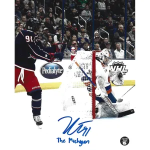 Kent Johnson Autographed Columbus Blue Jackets 8X10 Photo (w/"The Michigan")