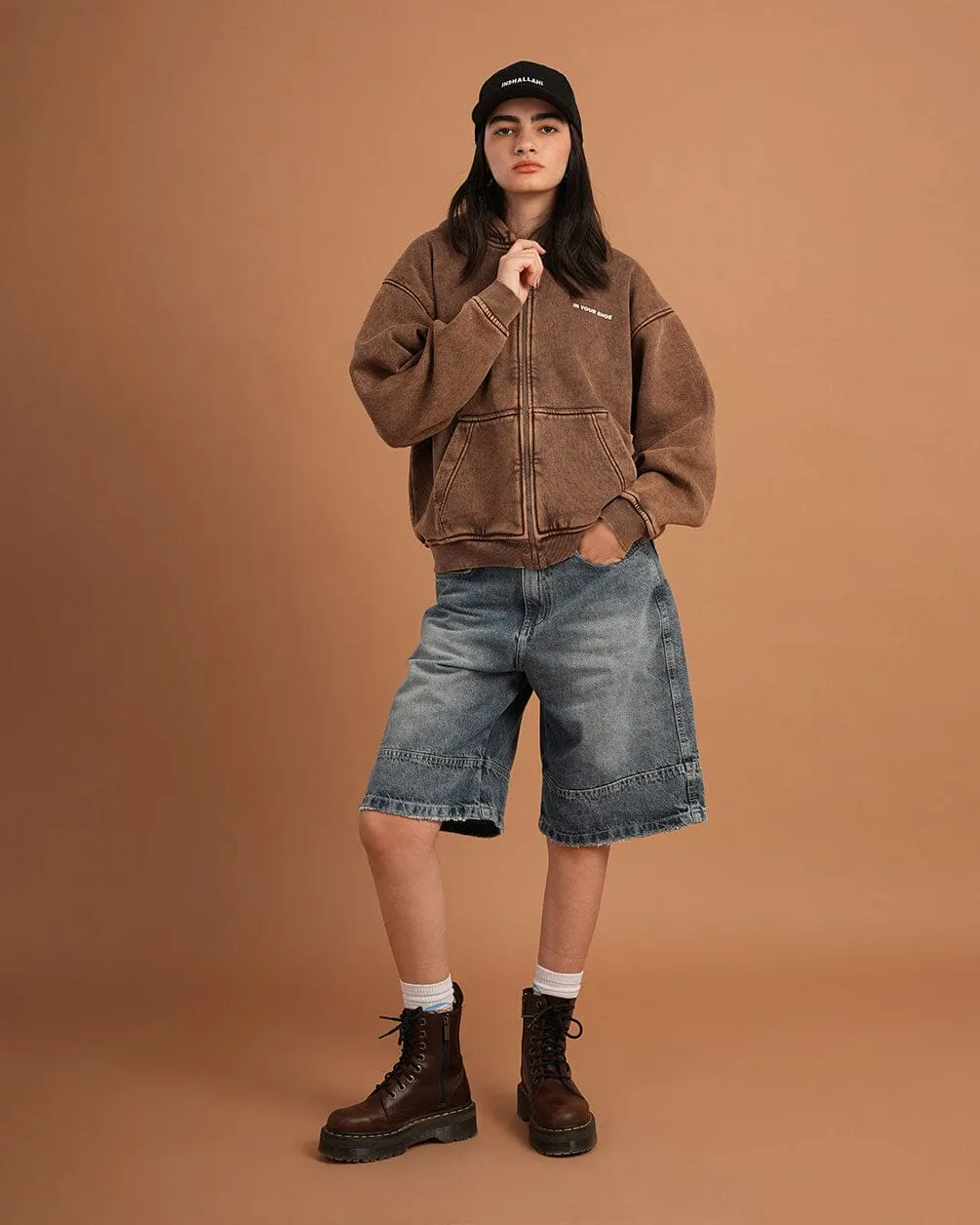 Khaki Washed Boxy Zip-Up Hoodie