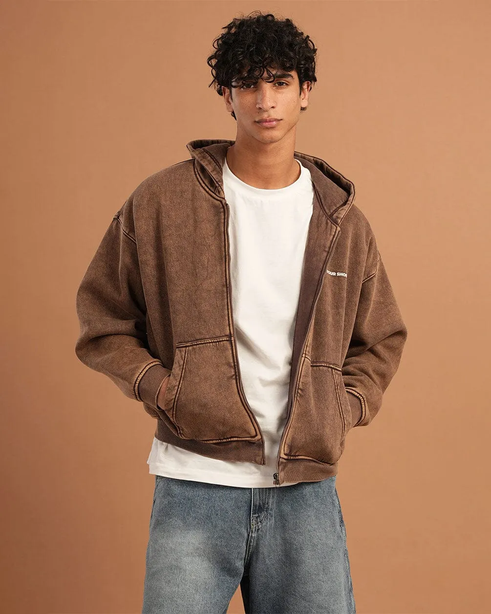 Khaki Washed Boxy Zip-Up Hoodie
