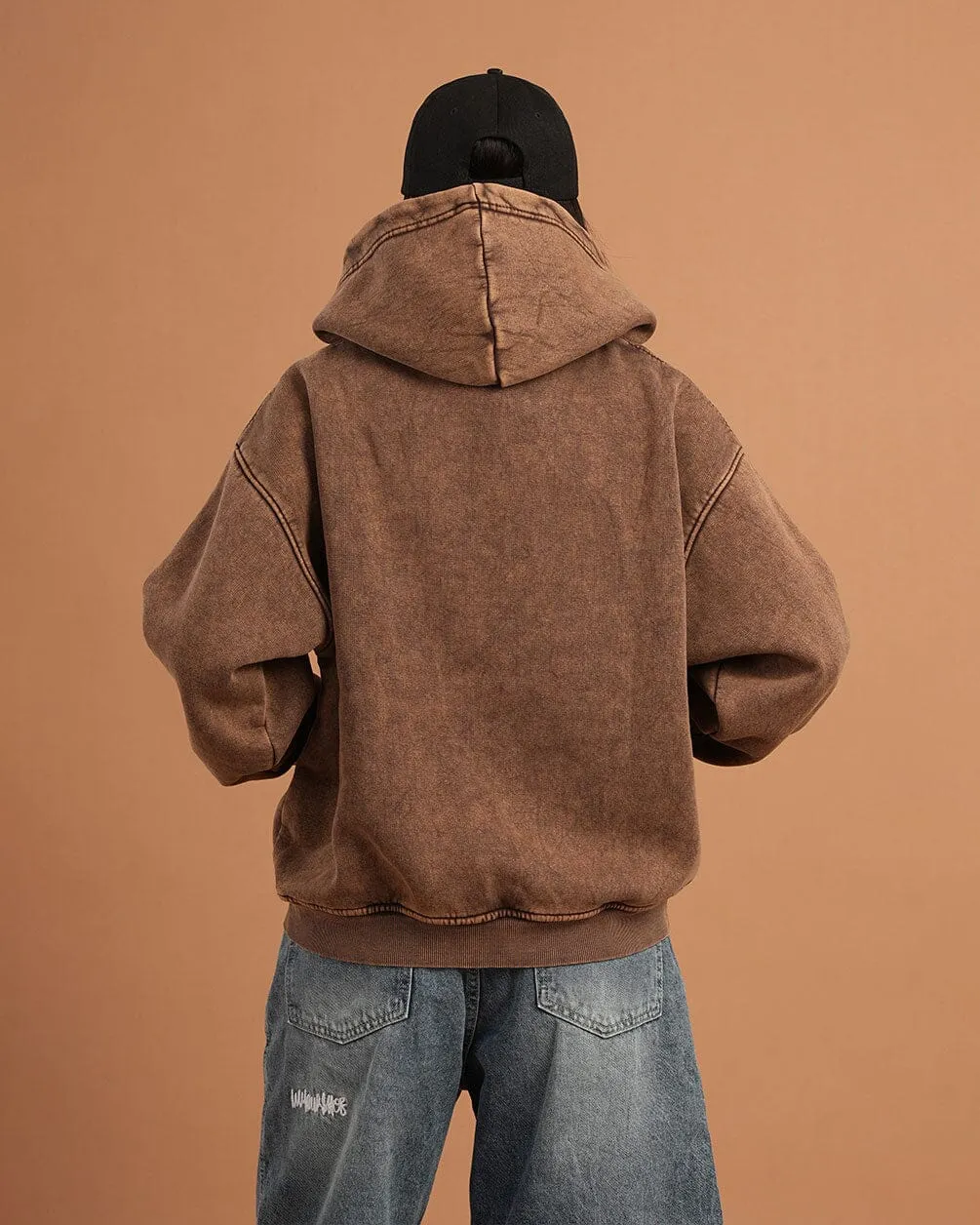 Khaki Washed Boxy Zip-Up Hoodie
