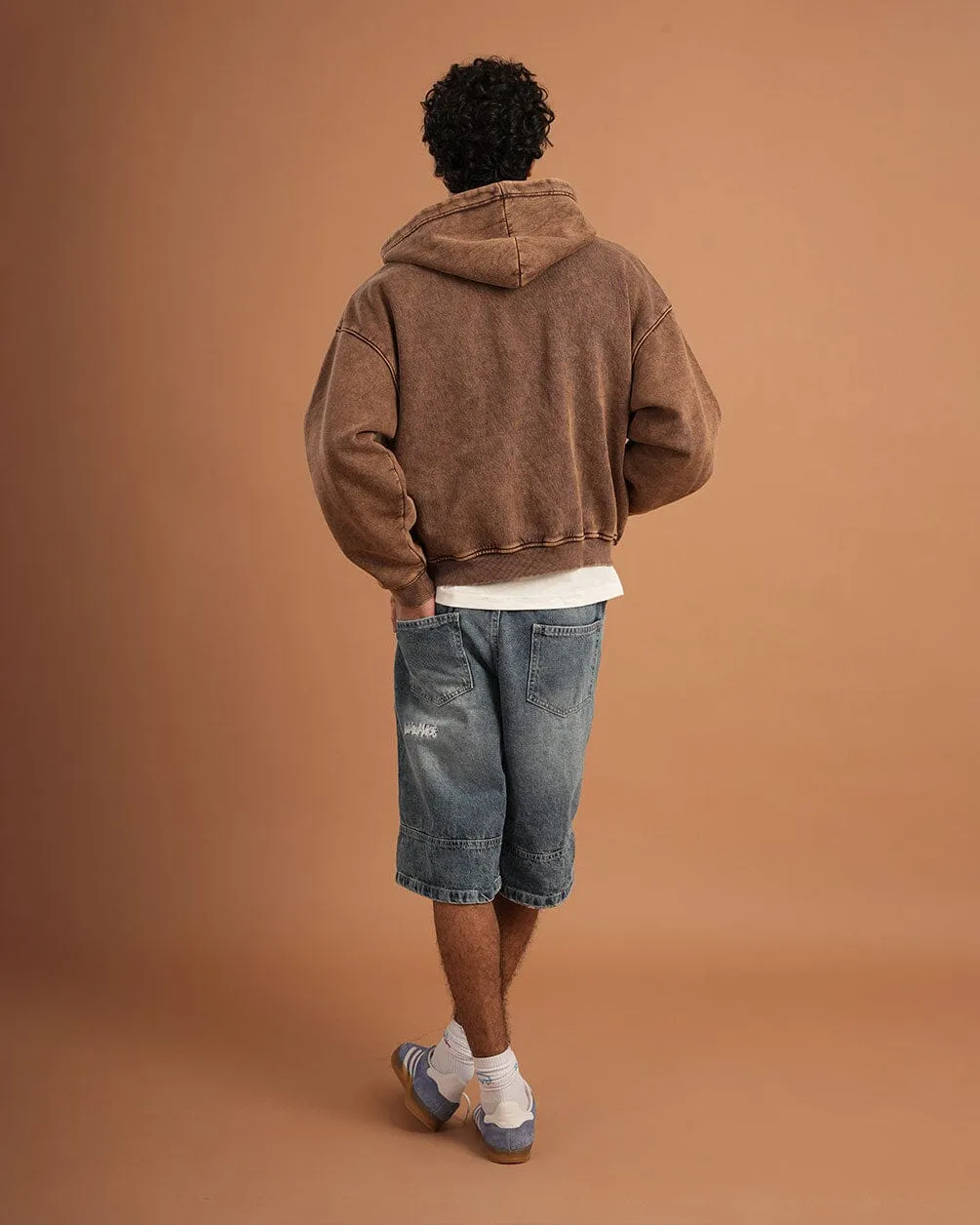 Khaki Washed Boxy Zip-Up Hoodie