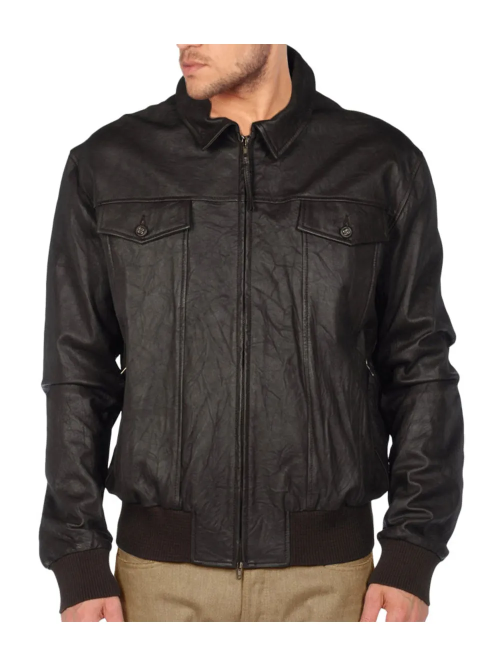 Knitted Cuff Durable Leather Jacket