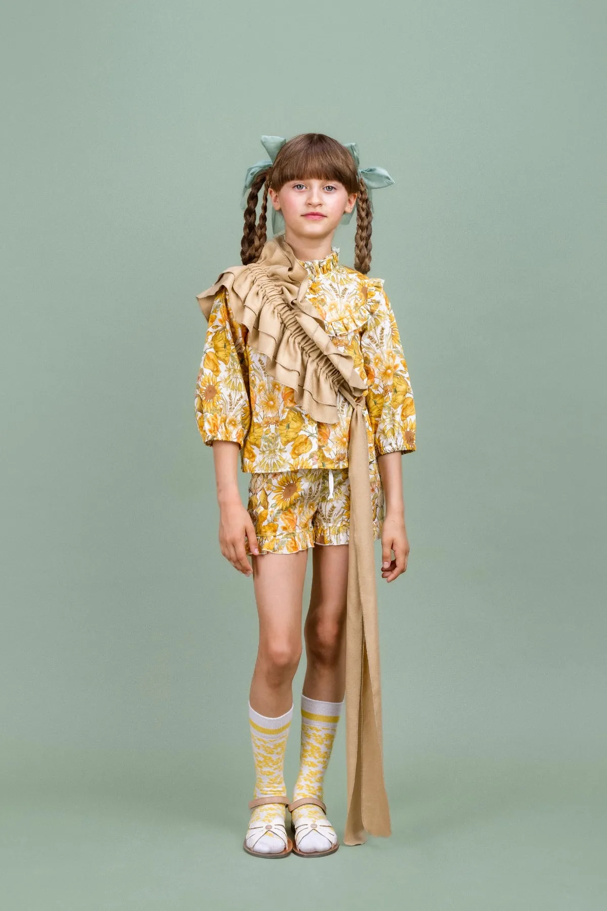 Linen blend Belt with Ruffles Sunlit, Brown