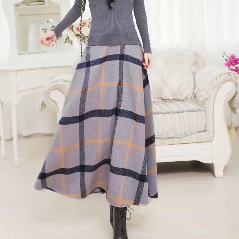 Long Plaid Skirt Women Vintage Thick Plaid Wool Skirts High Waist Big Swing Fashion Maxi Skirts Women Plaid Skirt