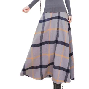 Long Plaid Skirt Women Vintage Thick Plaid Wool Skirts High Waist Big Swing Fashion Maxi Skirts Women Plaid Skirt