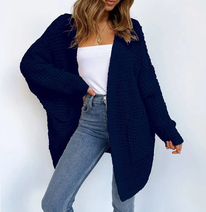 Loose Long Woven Cardigan: Darkblue