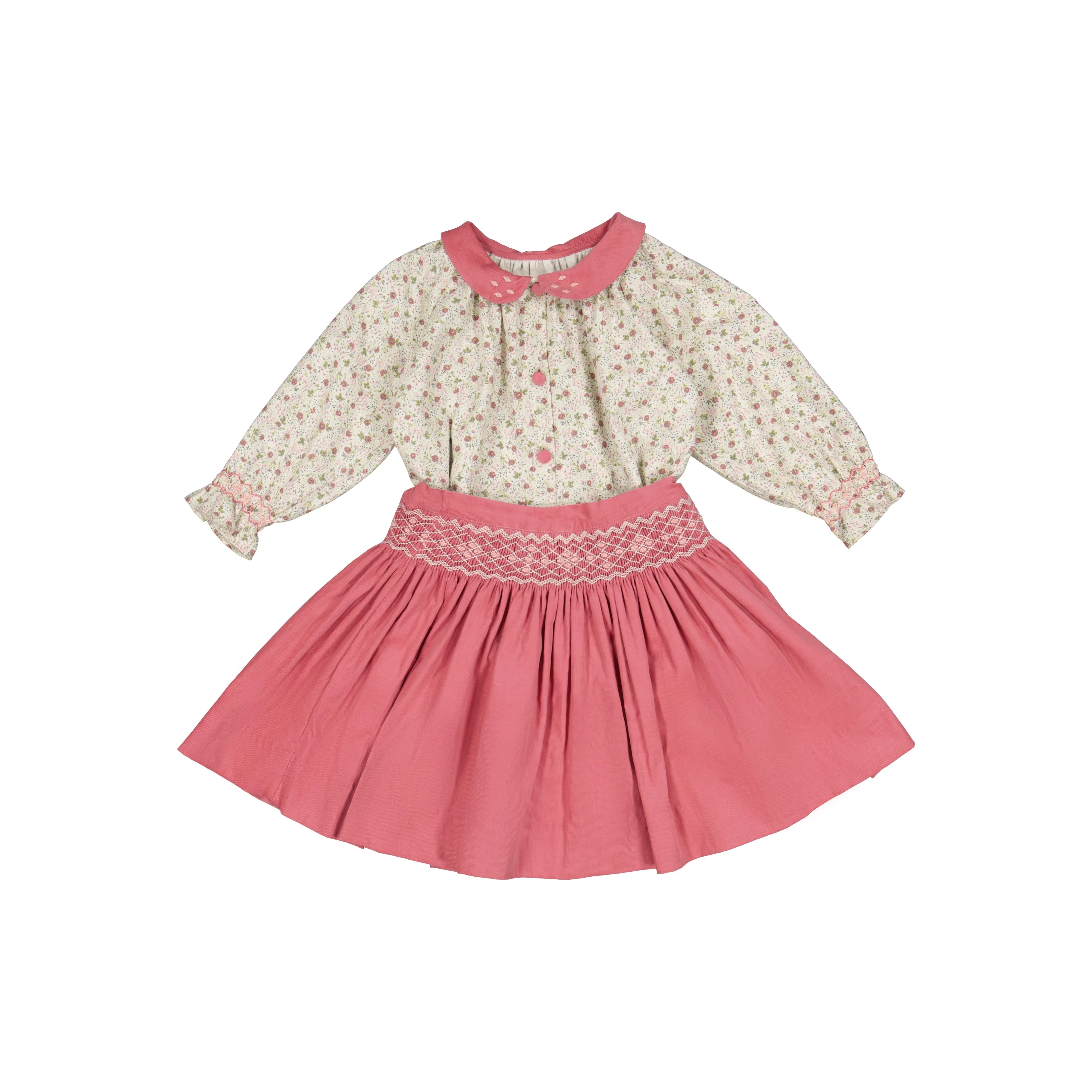 Marie Pink Floral Smocked Skirt & Blouse Set