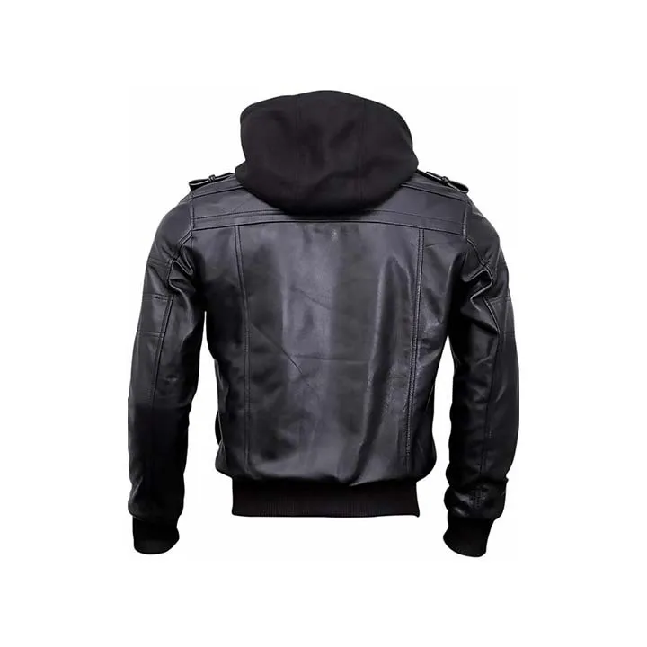 Men's Black Guerrilla Bomber Jacket “ Genuine Leather with Removable Hood