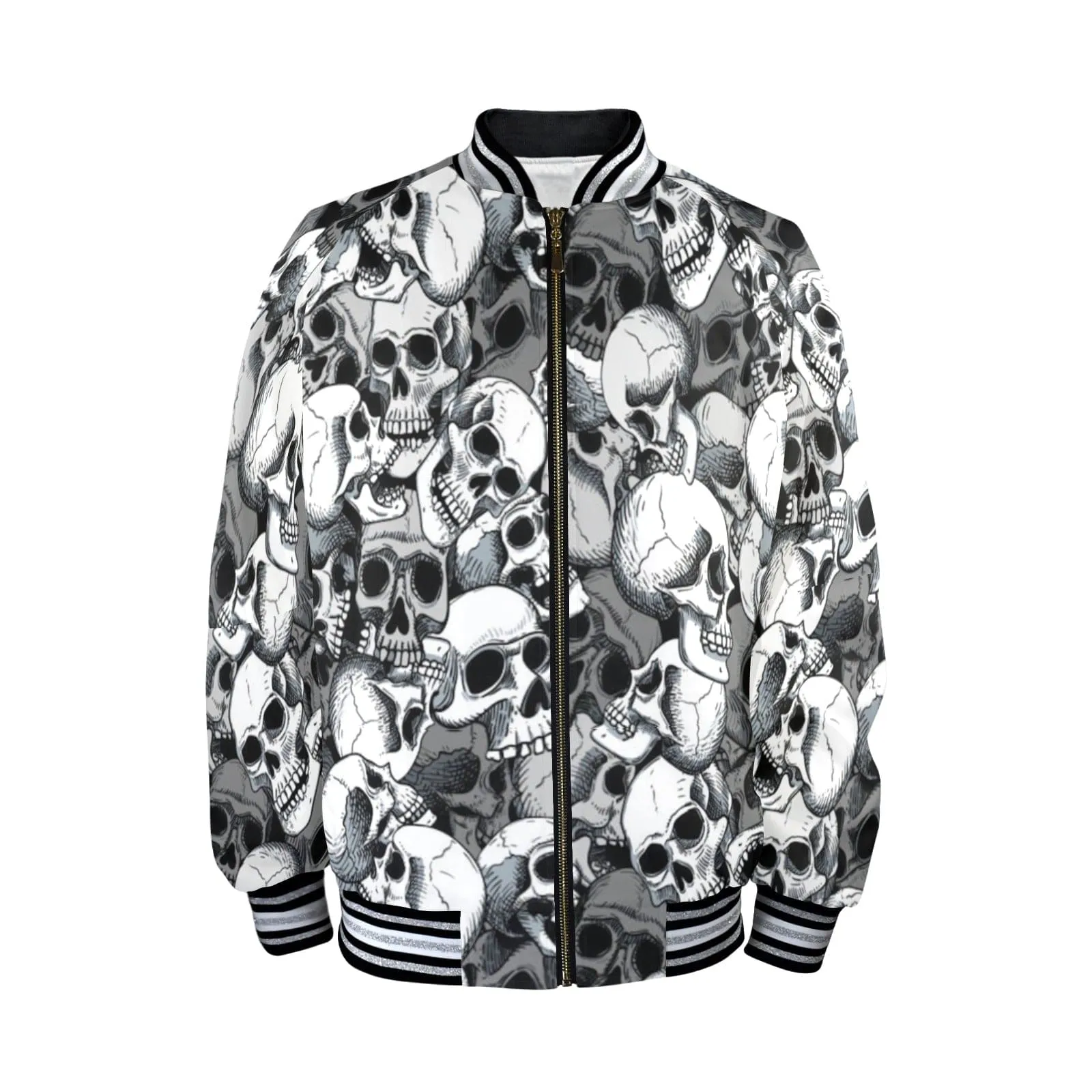 Men's Gray Skulls Striped Trim Bomber Jacket