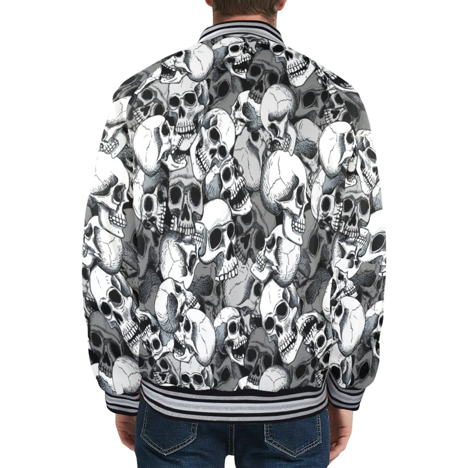 Men's Gray Skulls Striped Trim Bomber Jacket