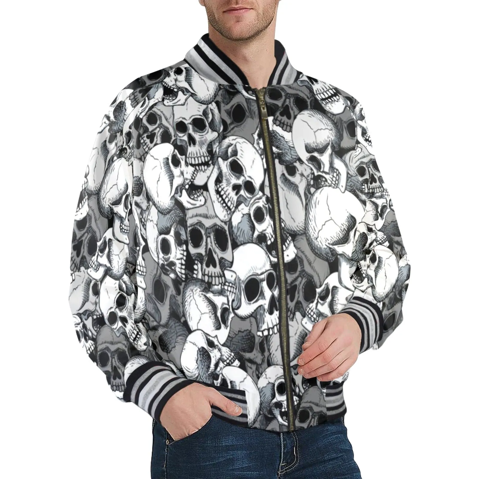 Men's Gray Skulls Striped Trim Bomber Jacket