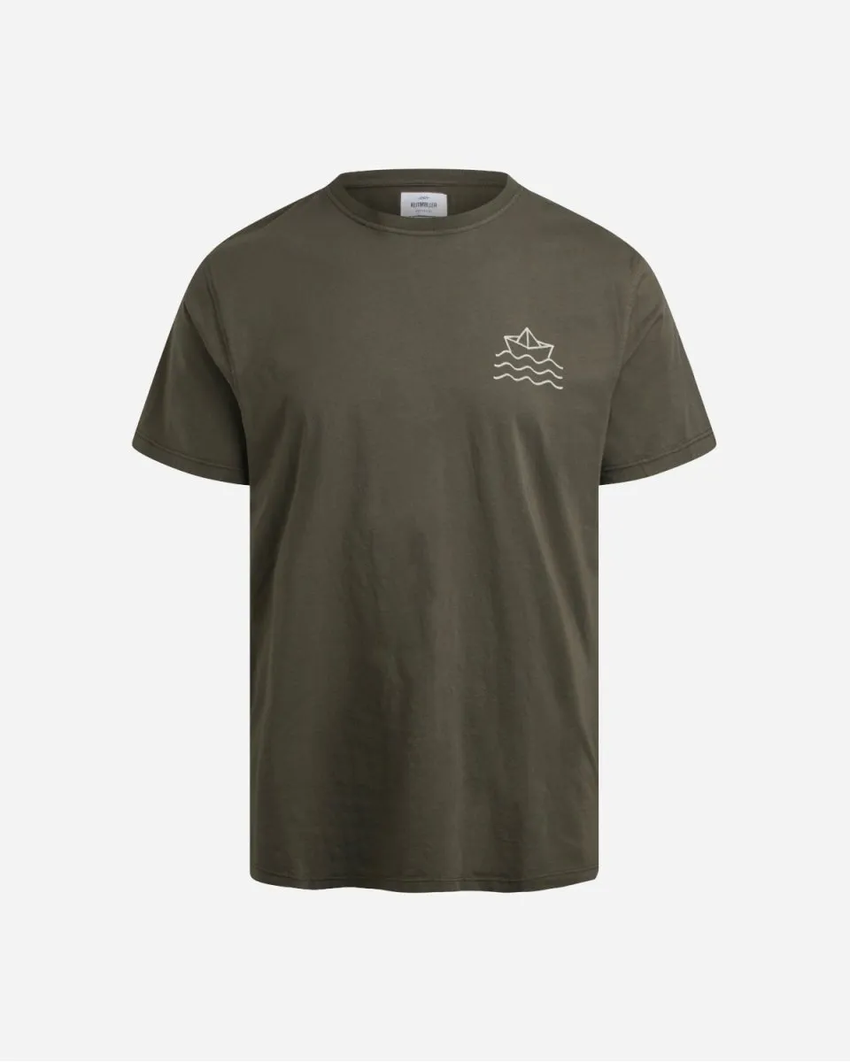 Mens Small Boat And Waves Tee - Olive