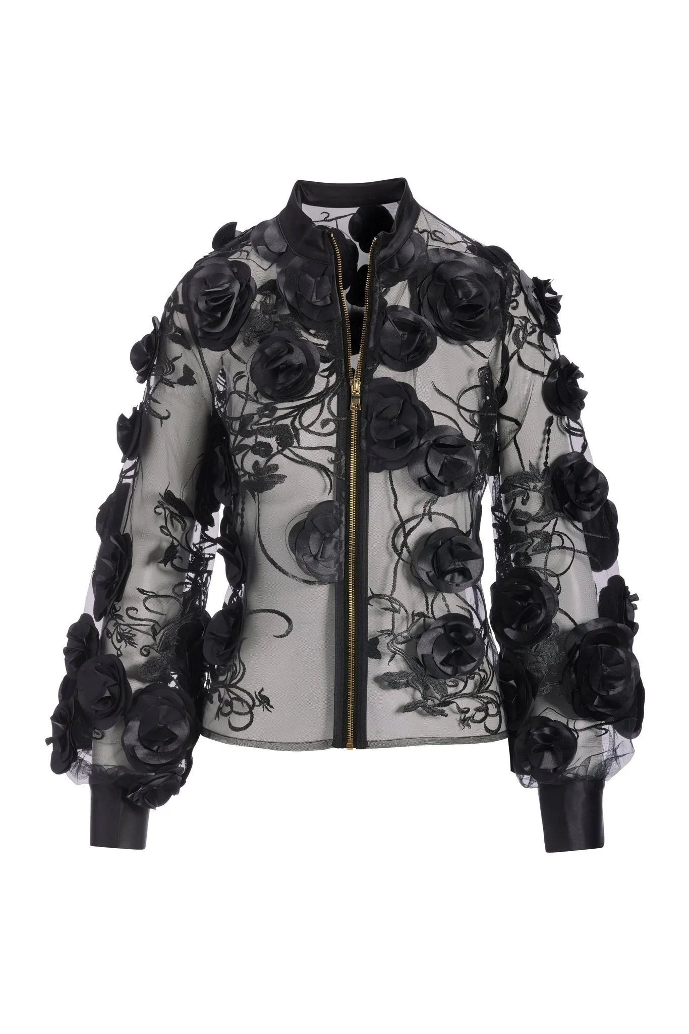 Mesh 3D Rosette Zip Jacket Black