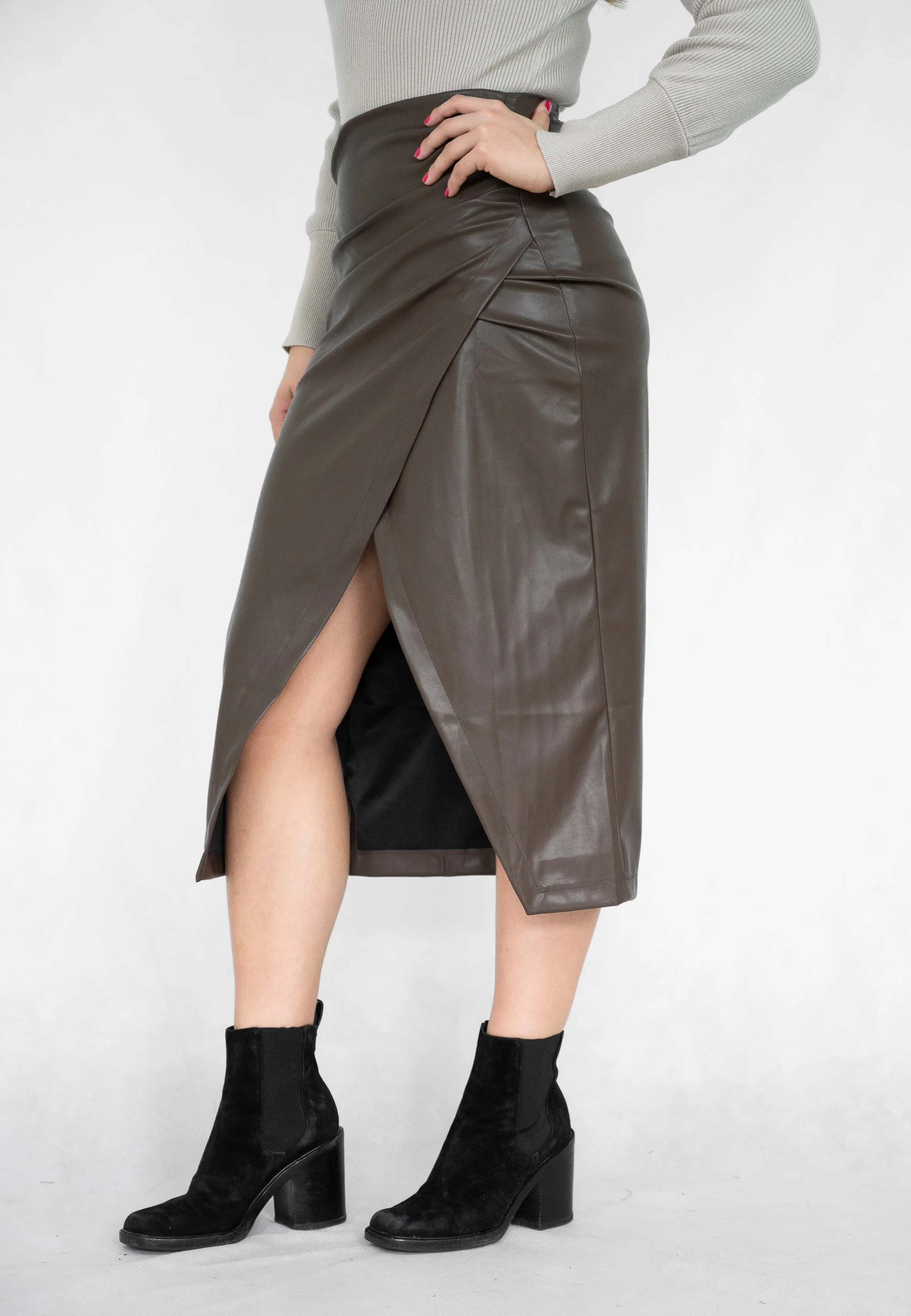 METALIC FAUX WRAP PLEATHER  SKIRT