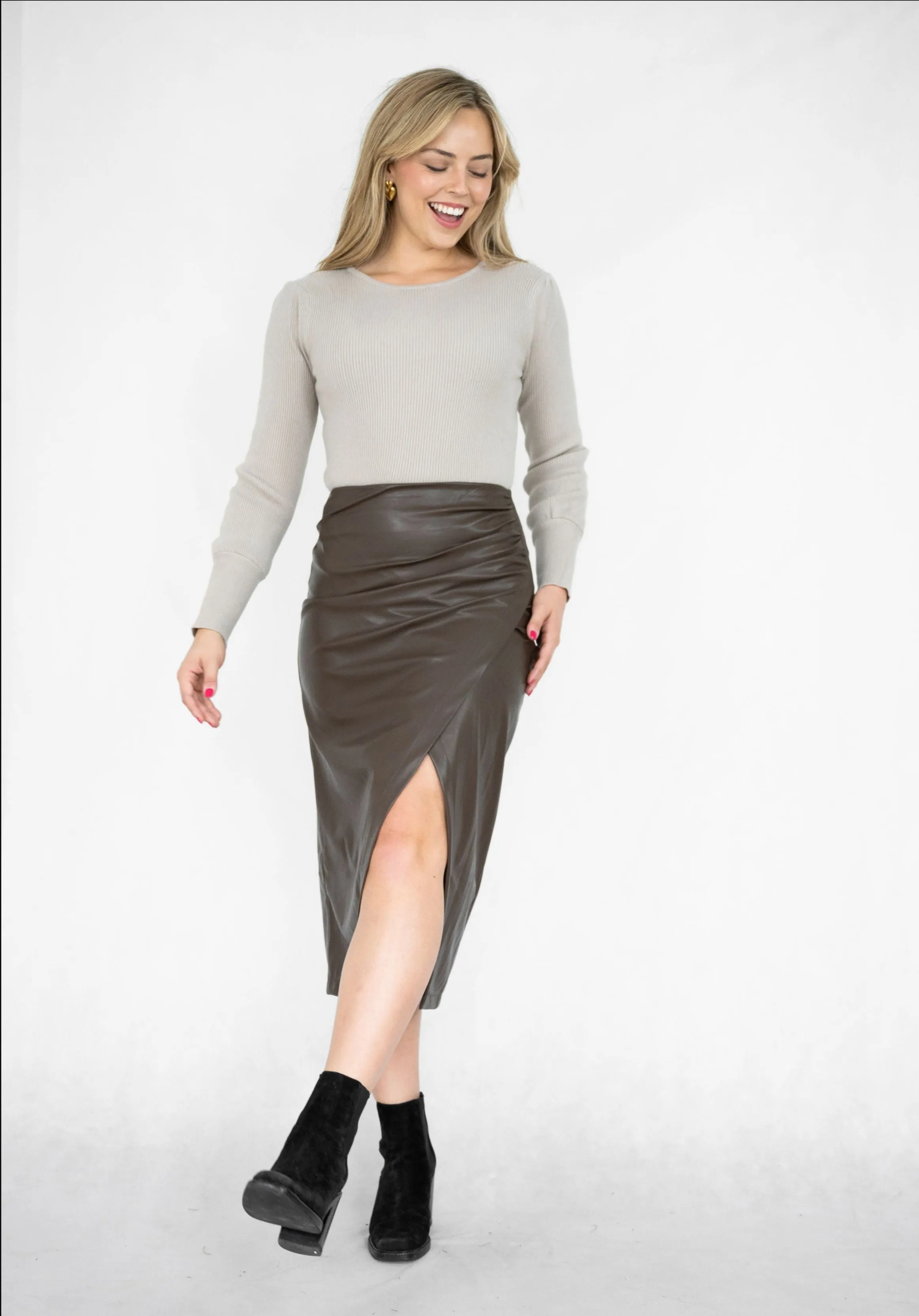 METALIC FAUX WRAP PLEATHER  SKIRT