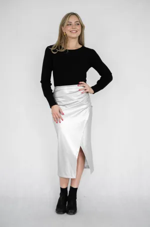 METALIC FAUX WRAP PLEATHER  SKIRT