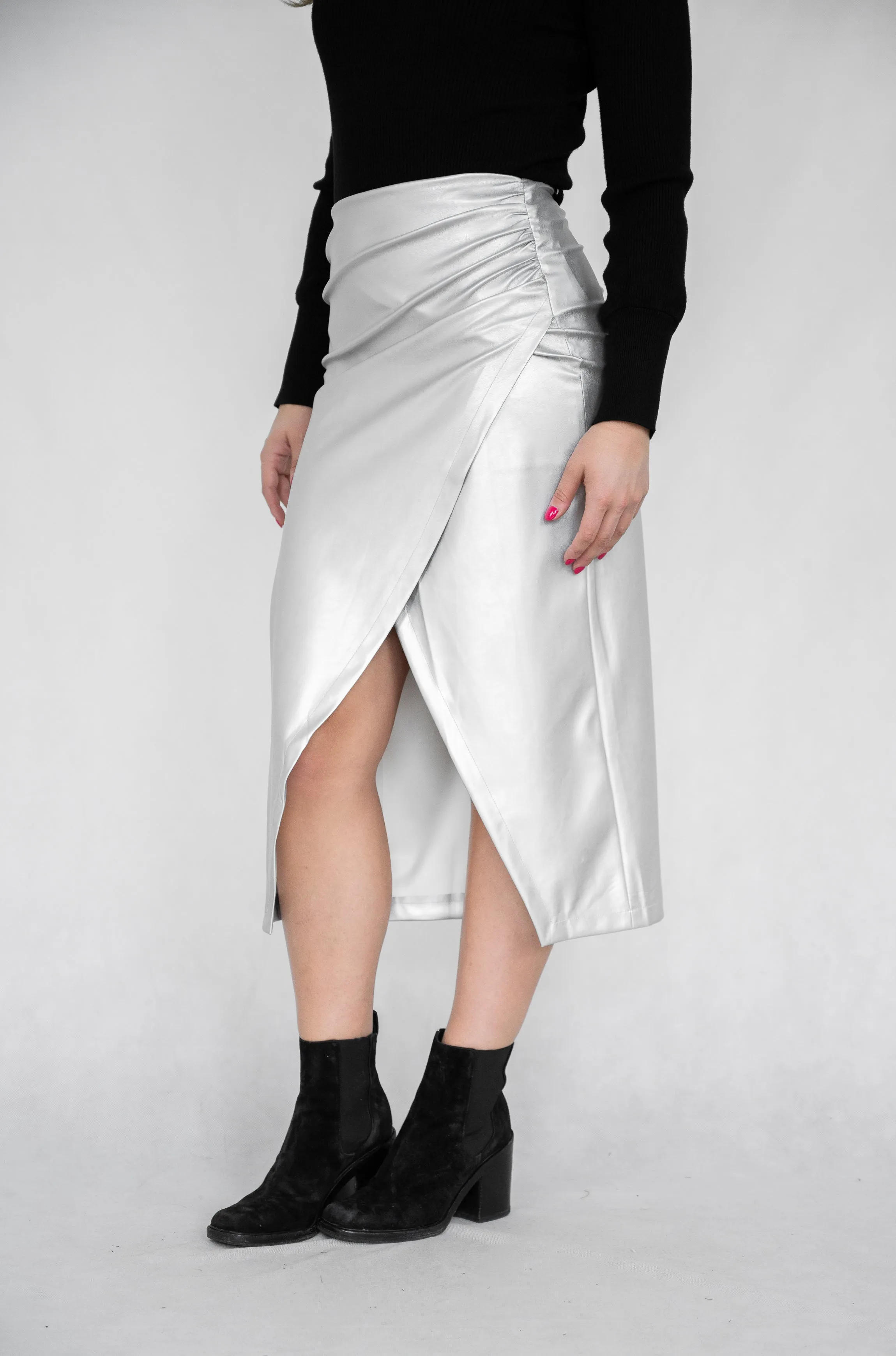METALIC FAUX WRAP PLEATHER  SKIRT