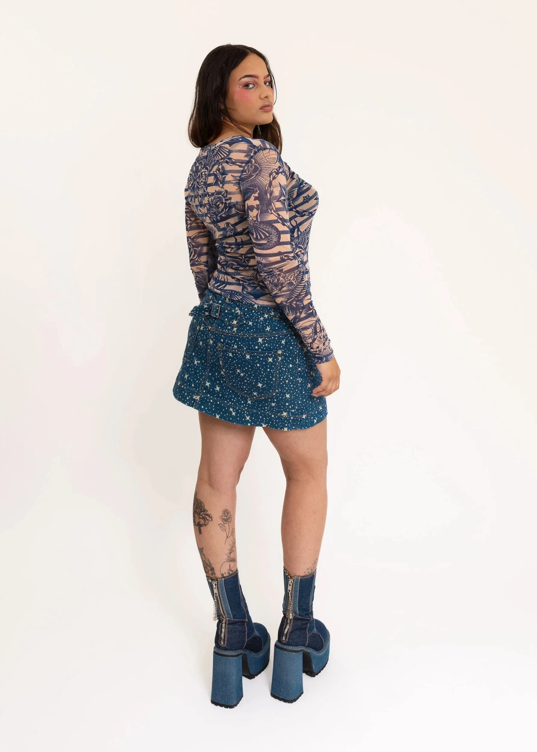 Milky Way print denim mini skirt