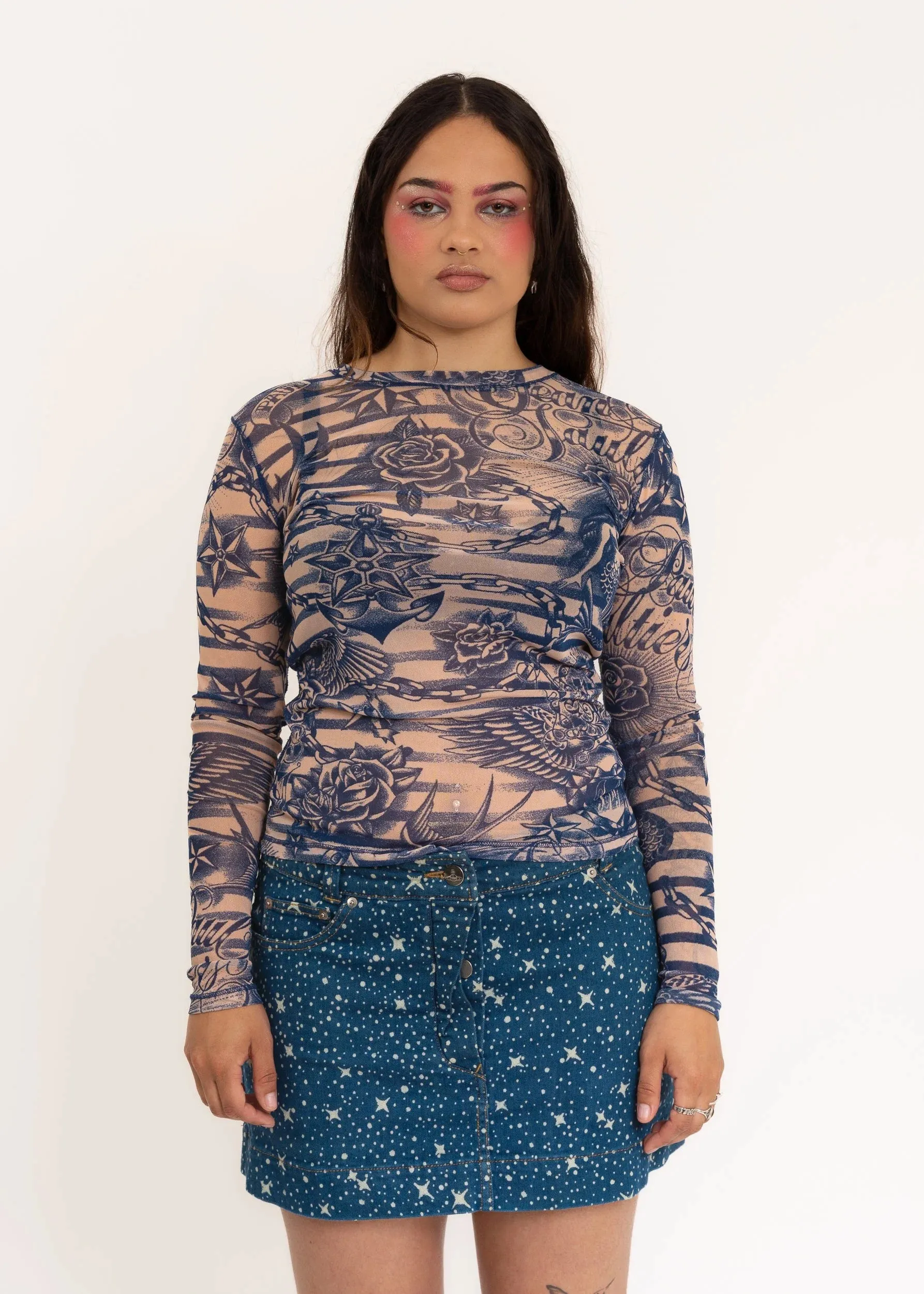 Milky Way print denim mini skirt