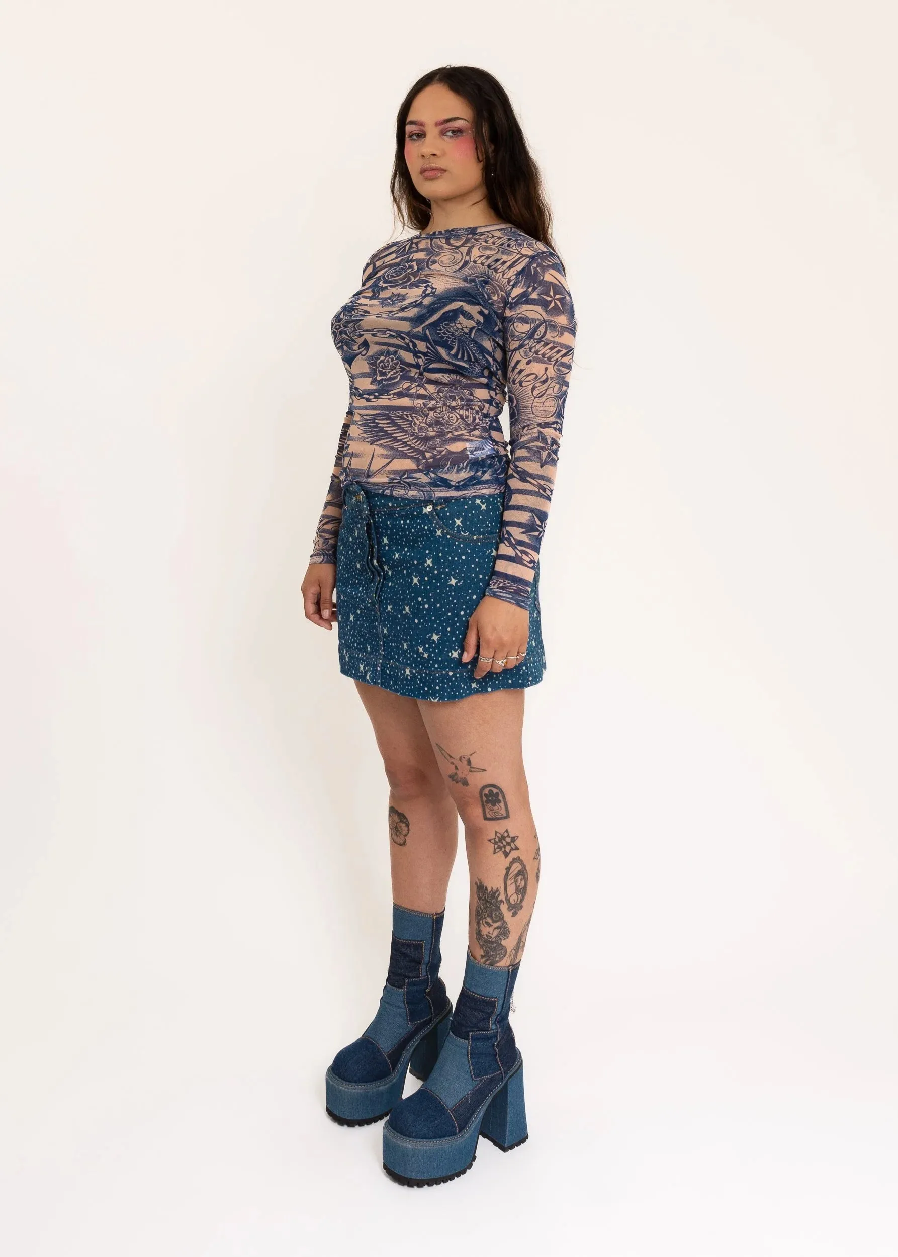 Milky Way print denim mini skirt