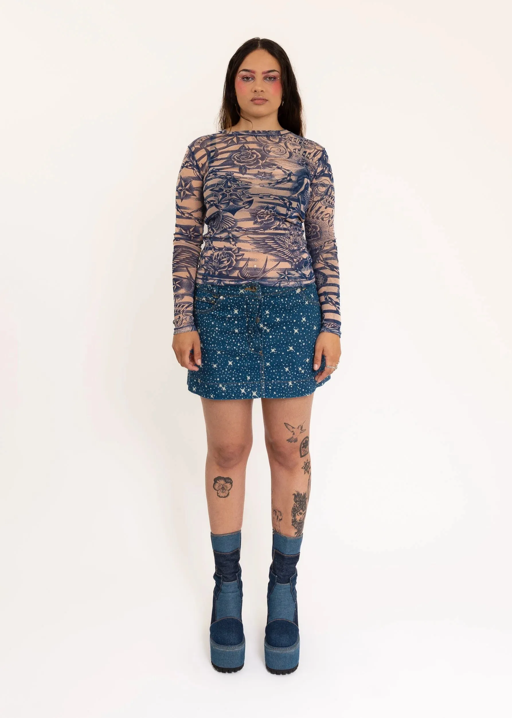 Milky Way print denim mini skirt