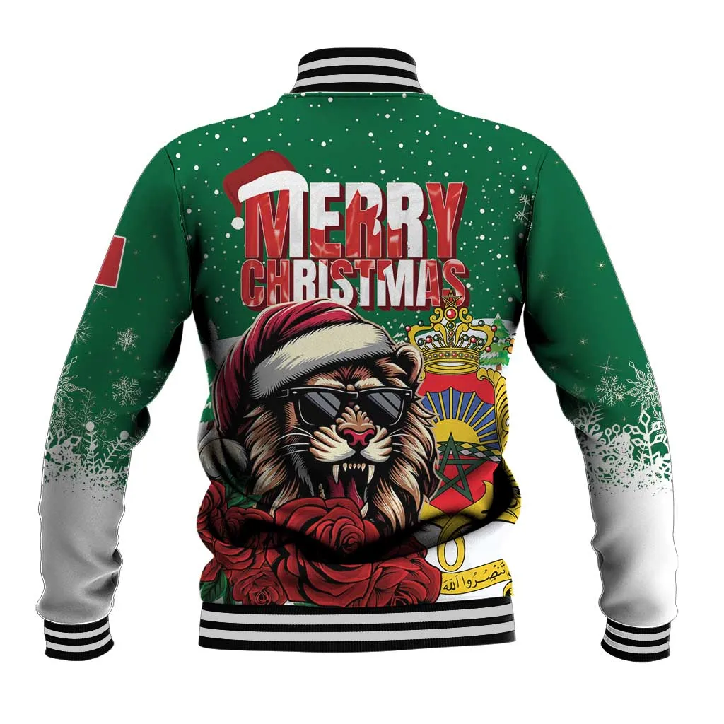 Morocco Christmas Baseball Jacket Santa Lion With Rose Xmas Vibe LT01