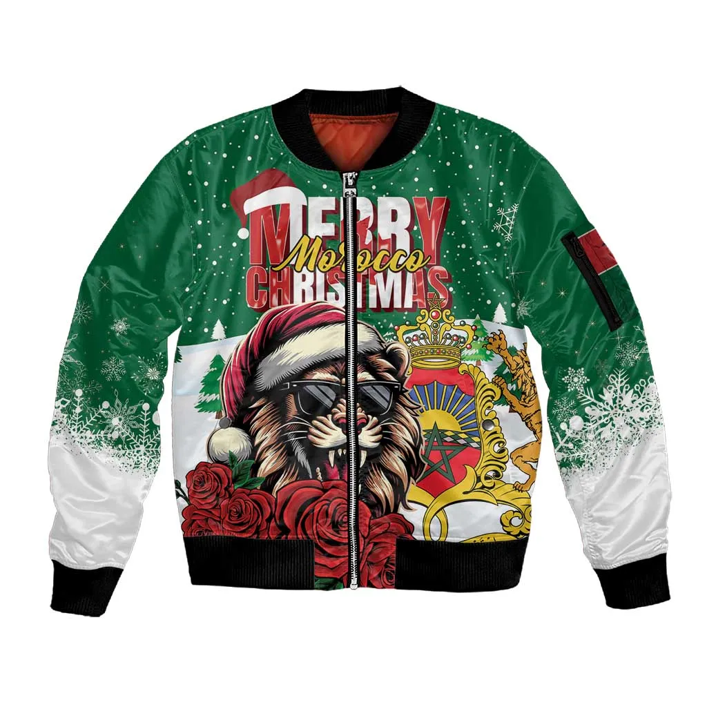 Morocco Christmas Sleeve Zip Bomber Jacket Santa Lion With Rose Xmas Vibe LT01