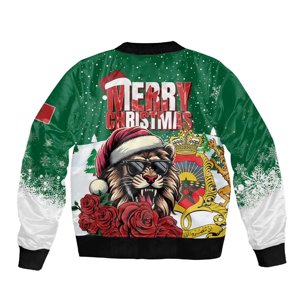Morocco Christmas Sleeve Zip Bomber Jacket Santa Lion With Rose Xmas Vibe LT01